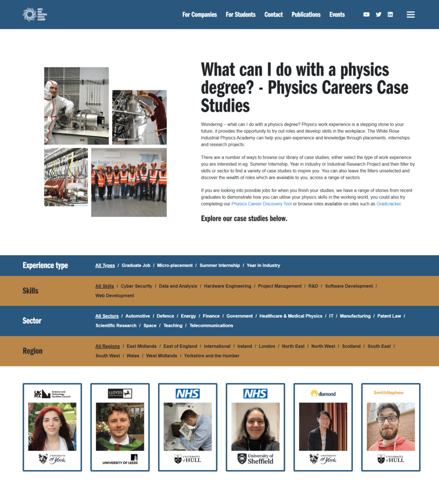 The White Rose Industrial Physics Academy case study hub homepage.